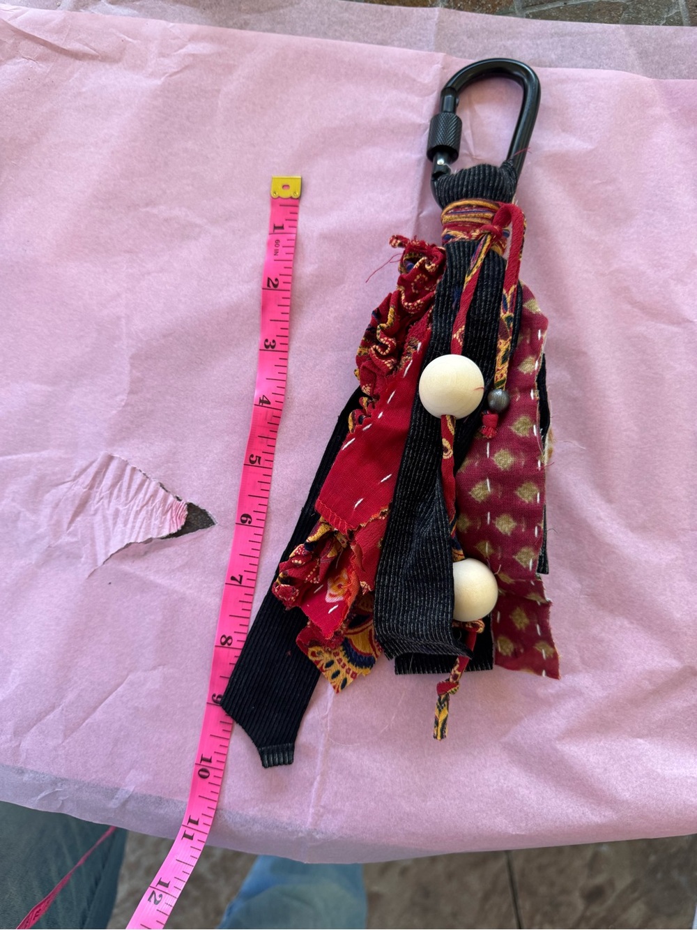 Boho Fabric Tassel Keychain with Wooden Beads - Red & Black